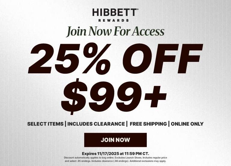Hibbett Rewards banner offering 25% off $99+ for new members, including clearance, with free shipping, online only. Expires 11/17/2025 at 11:59 PM CT.