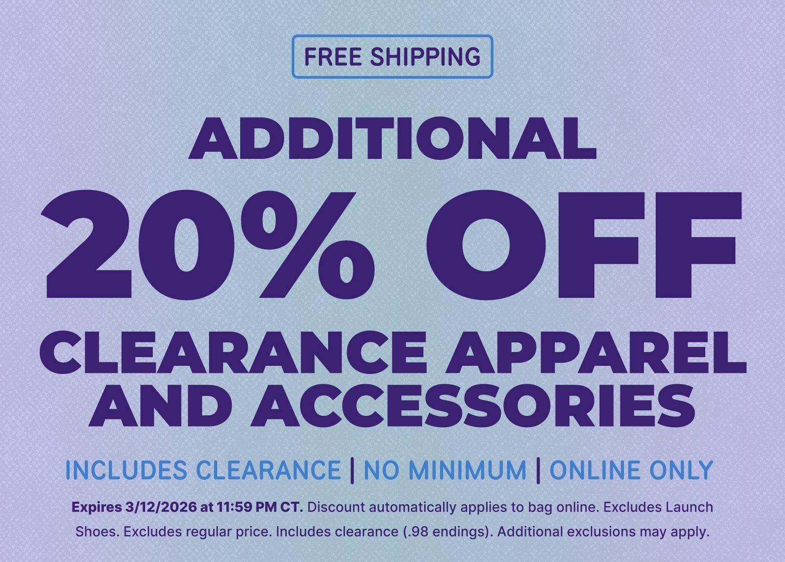 Gradient promotional banner with purple text advertising free shipping and an additional 20% off clearance apparel and accessories, noting online only with no minimum purchase and an expiration date of March 12, 2026.