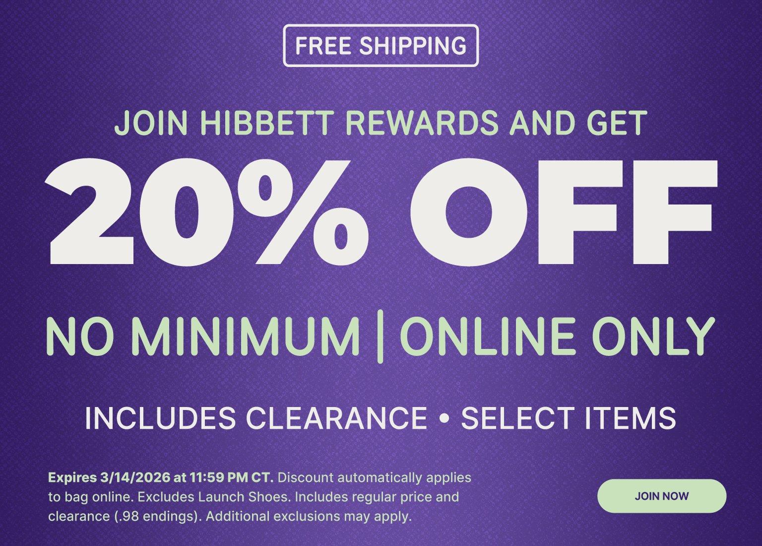 Promotional banner inviting customers to join Hibbett Rewards to get 20% off with no minimum purchase on online orders. The design features a purple textured background with white and lime green text, a free shipping offer, and a Join Now button. Fine print states the offer expires March 14, 2026, at 11:59 PM CT and excludes launch shoes.