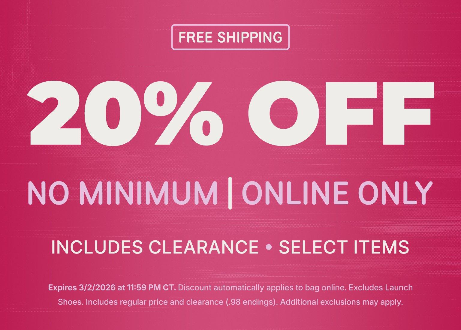 A digital promotional banner on a black textured background features large white text reading "20% OFF". Below, light green text specifies "NO MINIMUM | ONLINE ONLY", followed by "INCLUDES CLEARANCE • SELECT ITEMS" in white. A green box at the bottom highlights "FREE SHIPPING", and fine print notes the offer expires 3/2/2026.