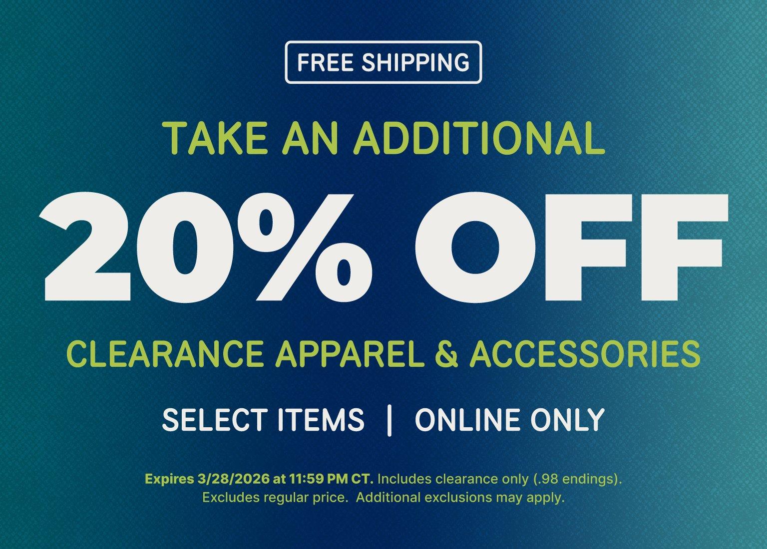 Promotional banner for kids' clearance apparel and accessories. Text reads: "Free Shipping. Take an additional 20% off clearance apparel & accessories. Select items | Online only." Small text notes the offer expires March 28, 2026, at 11:59 PM CT.