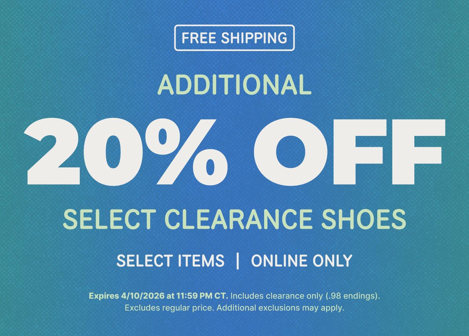 Promotional banner featuring "ADDITIONAL 20% OFF SELECT CLEARANCE SHOES" in bold white and lime green text over a blue textured gradient background. Includes "FREE SHIPPING" and "ONLINE ONLY" labels, with expiration details for April 10, 2026, in small print at the bottom.