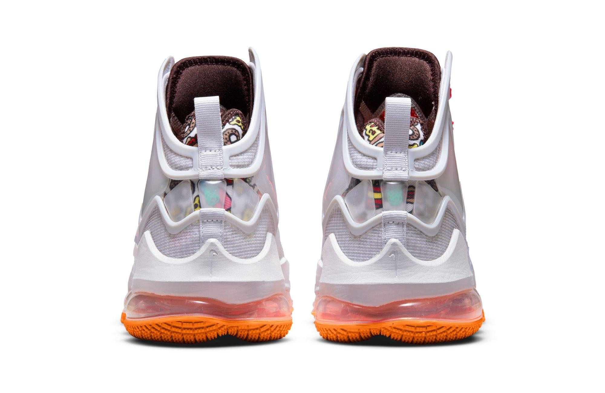 Heel-side view of the LeBron 19 "Bron Bites" or "Fast Food" colorway, which launches on May 15
