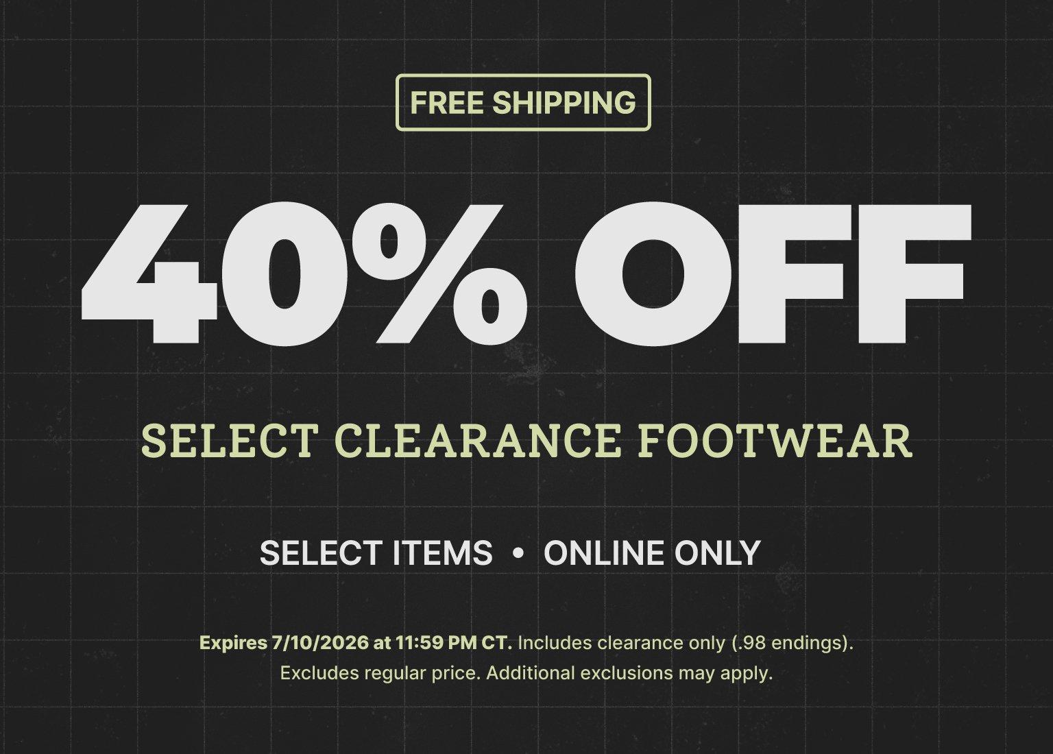 Promotional sale graphic advertising 40% off select clearance footwear. The offer includes free shipping on select items and is available online only. Additional text notes that the promotion applies to clearance merchandise and exclusions may apply.