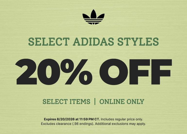 adidas promotion offering 20% off select styles online only through August 20, 2026.