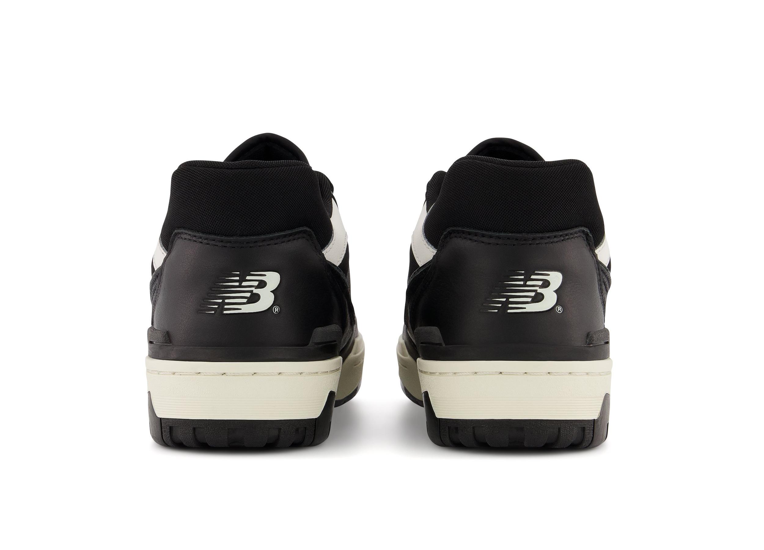 View from the heel of the "Panda" Black/White/Sail men's New Balance 550, dropping on July 1.