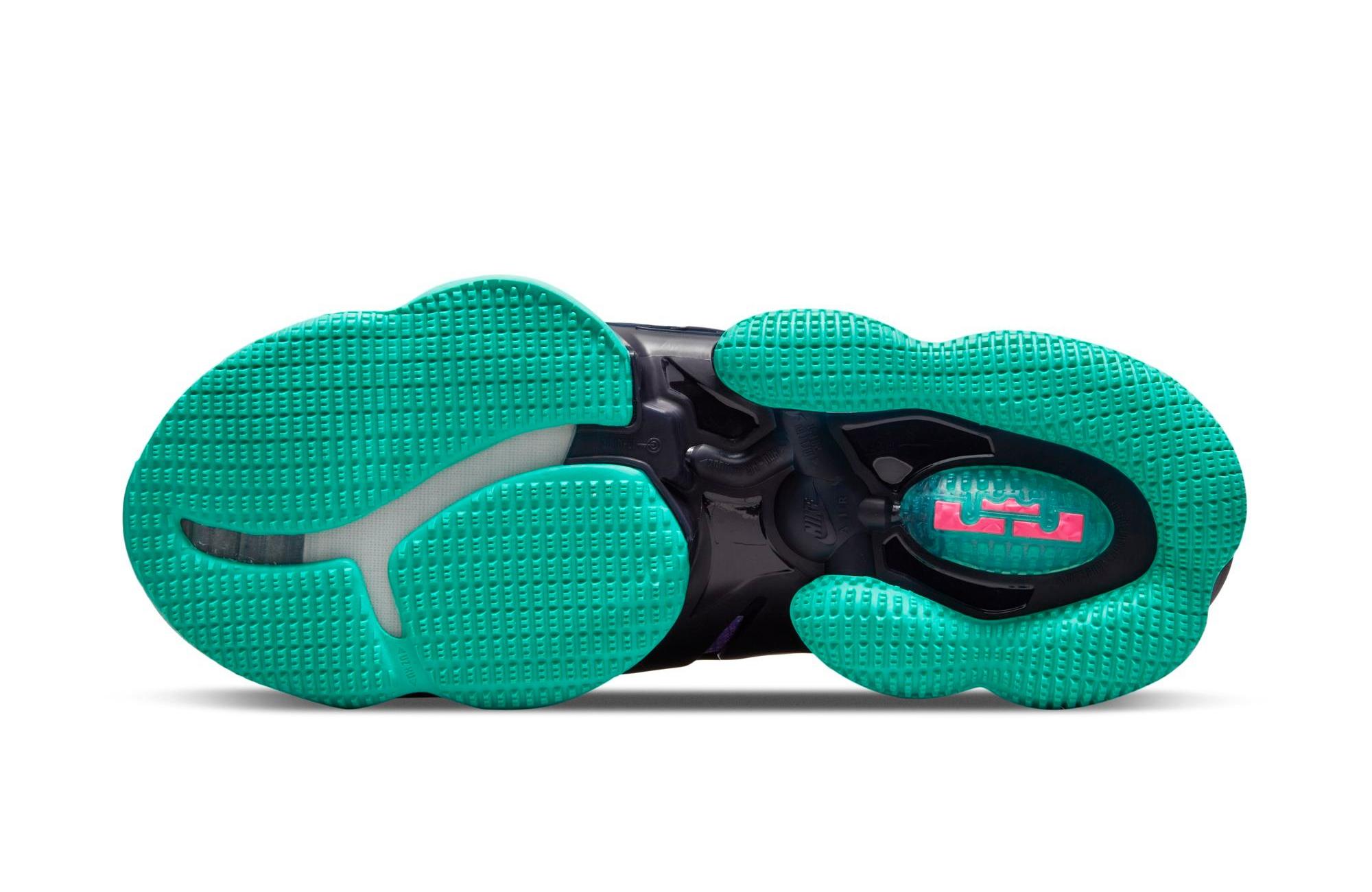 Teal, black and pink outsole of the Nike LeBron 19 basketball shoe, dropping in a "Wild Berry" colorway on June 25.