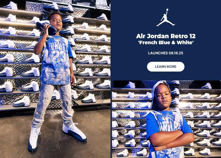 Collage-style promotional image for the Air Jordan Retro 12 “French Blue & White,” launching on August 16, 2025. The left and right panels feature a young boy modeling the sneakers in various poses inside a sneaker store, standing in front of a display wall filled with the same shoe. He wears a blue and white Jordan shirt, light distressed jeans, and a white cap. The center panel has a navy background with the Jumpman logo, product name, release date, and a “Learn More” button. 