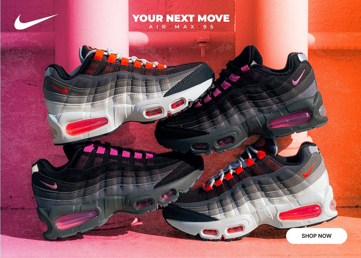 Nike Air Max 95 sneakers in black and gray colorways with pink and orange accents.