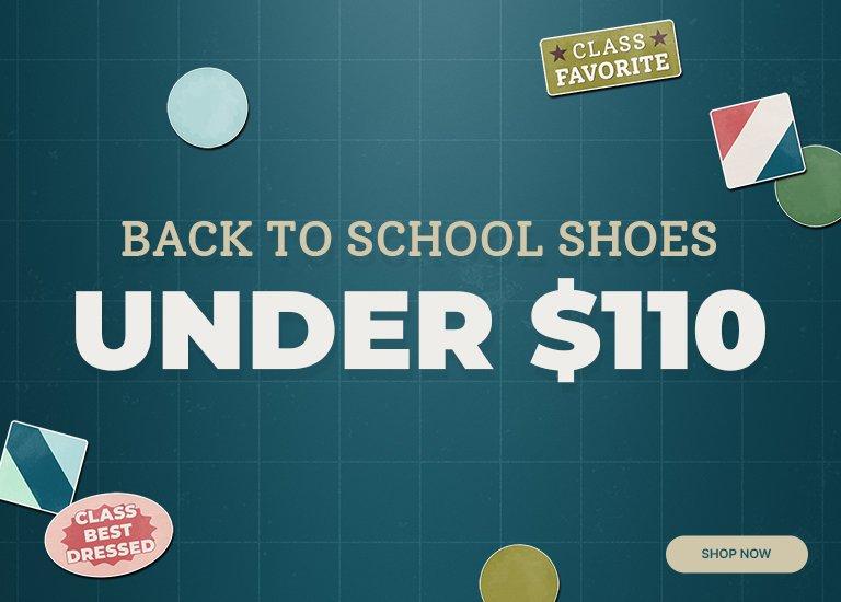 Back-to-school shoe sale graphic featuring school-themed stickers and bold text promoting shoes under $110, with a shop now button.