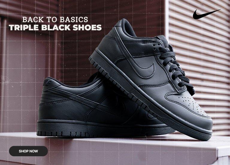 Black Nike Dunk Low triple black sneakers displayed on a locker room-inspired backdrop with Back to Basics Triple Black Shoes promotion.