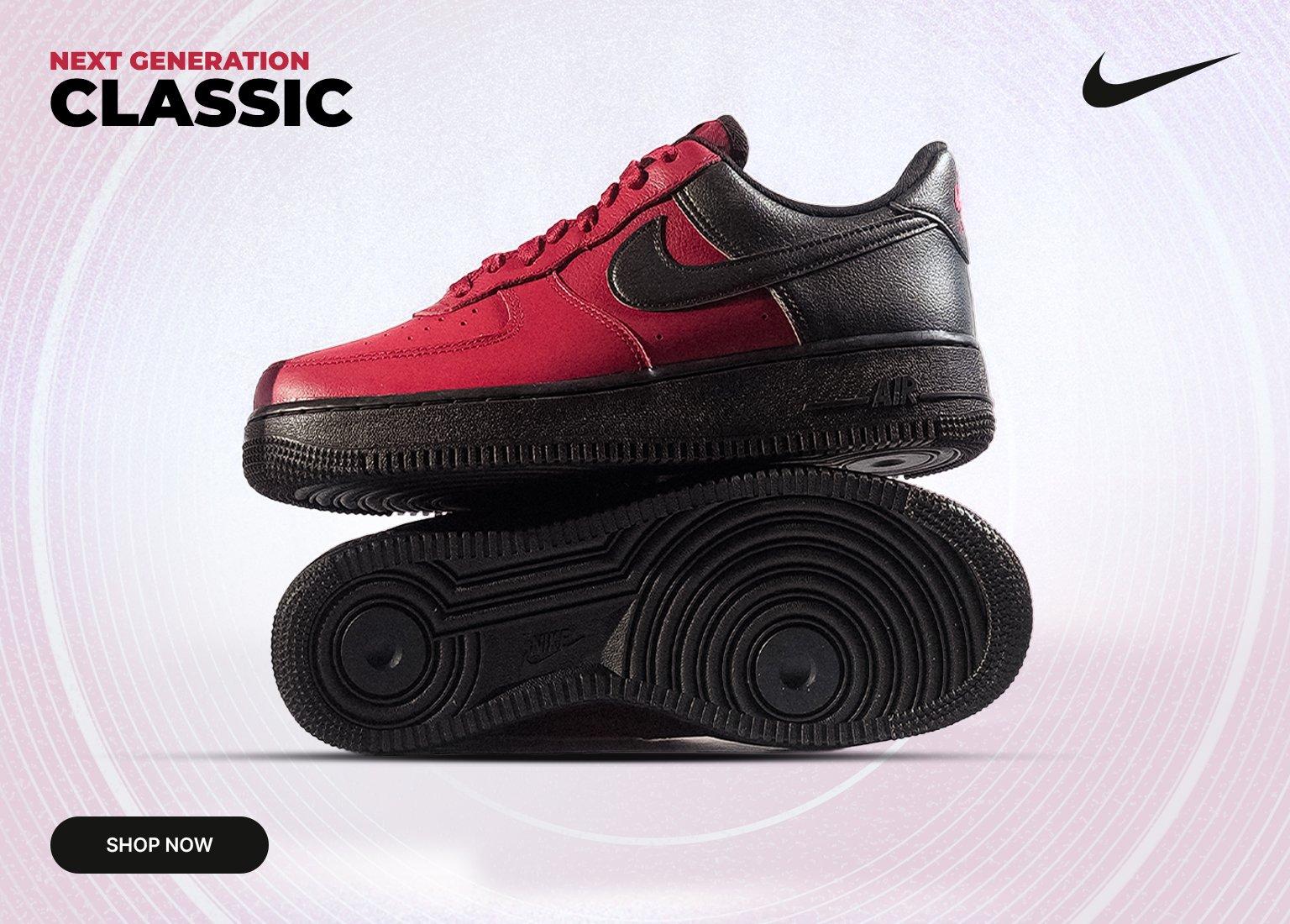  An advertisement for Nike Air Force 1 sneakers featuring a red and black colorway. One shoe is balanced on top of the other, showcasing the side profile and the traction pattern on the sole. The text reads Next Generation Classic with a Shop Now button in the corner.