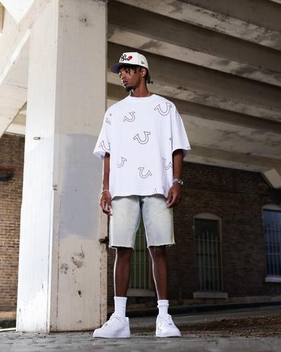 Nike Air Force 1 White with True Religion Horseshoe Print Tee & TR Blue Denim Shorts