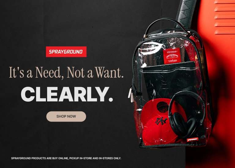 Sprayground promotional banner featuring clear black and red backpacks with matching accessories, the message It’s a Need, Not a Want. Clearly. and a Shop Now button.