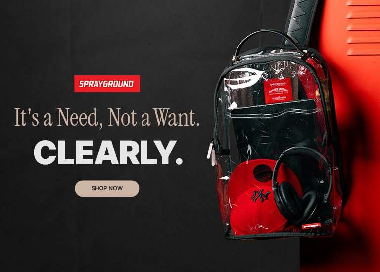 Sprayground promotional banner featuring clear black and red backpacks with matching accessories, the message It’s a Need, Not a Want. Clearly. and a Shop Now button.
