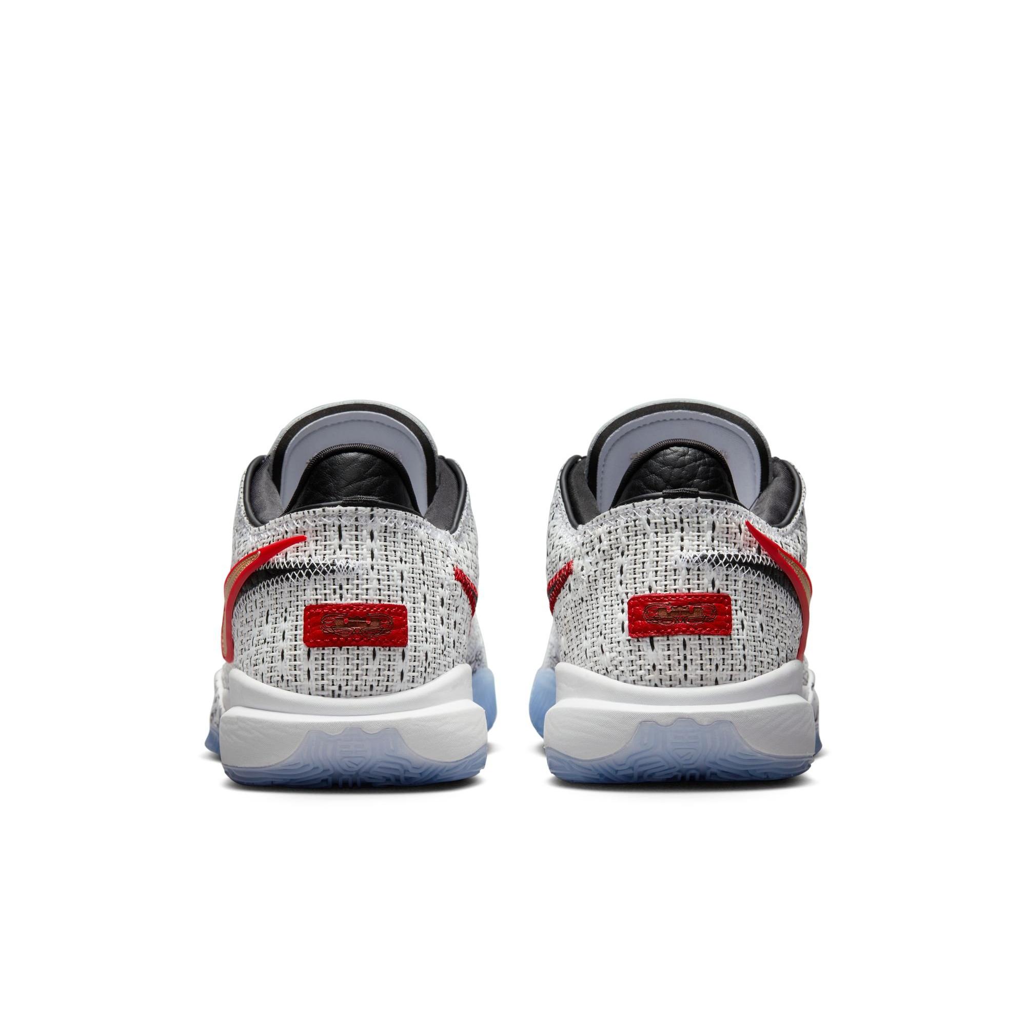 Nike LeBron XX​ "White/Metallic Gold/Black" Men's & Kids' Basketball Shoe Launching 12/12 heel side by side
