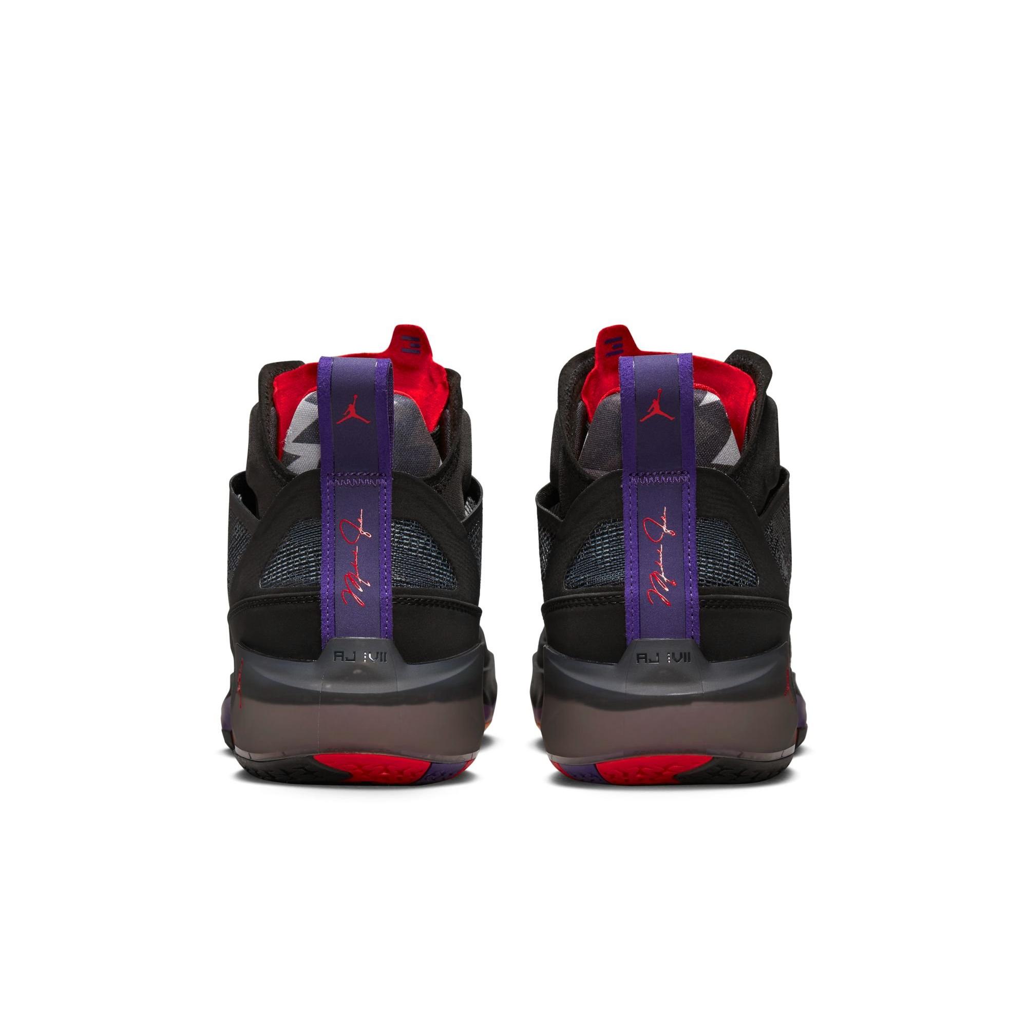Jordan XXXVII "Black/True Red/Club Purple" heel side by side