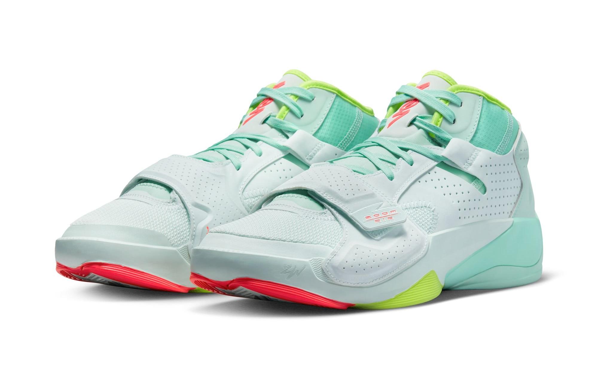 Jordan Zion 2 "Barely Green/Flash Crimson/Volt" Men's Basketball Shoe Launching 3/1 side by side