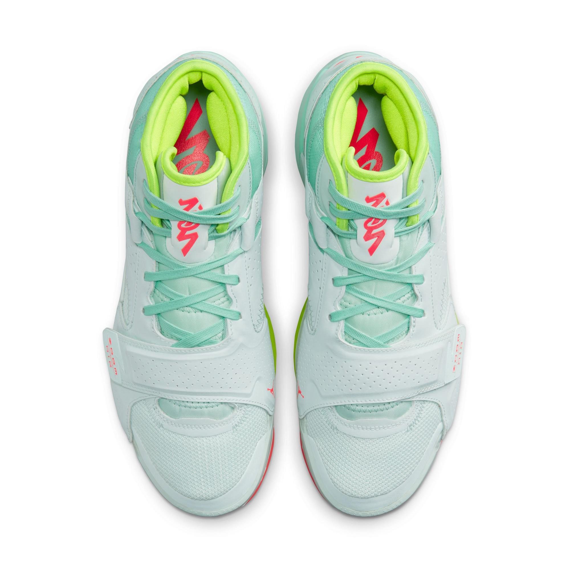 Jordan Zion 2 "Barely Green/Flash Crimson/Volt" Men's Basketball Shoe Launching 3/1 top view