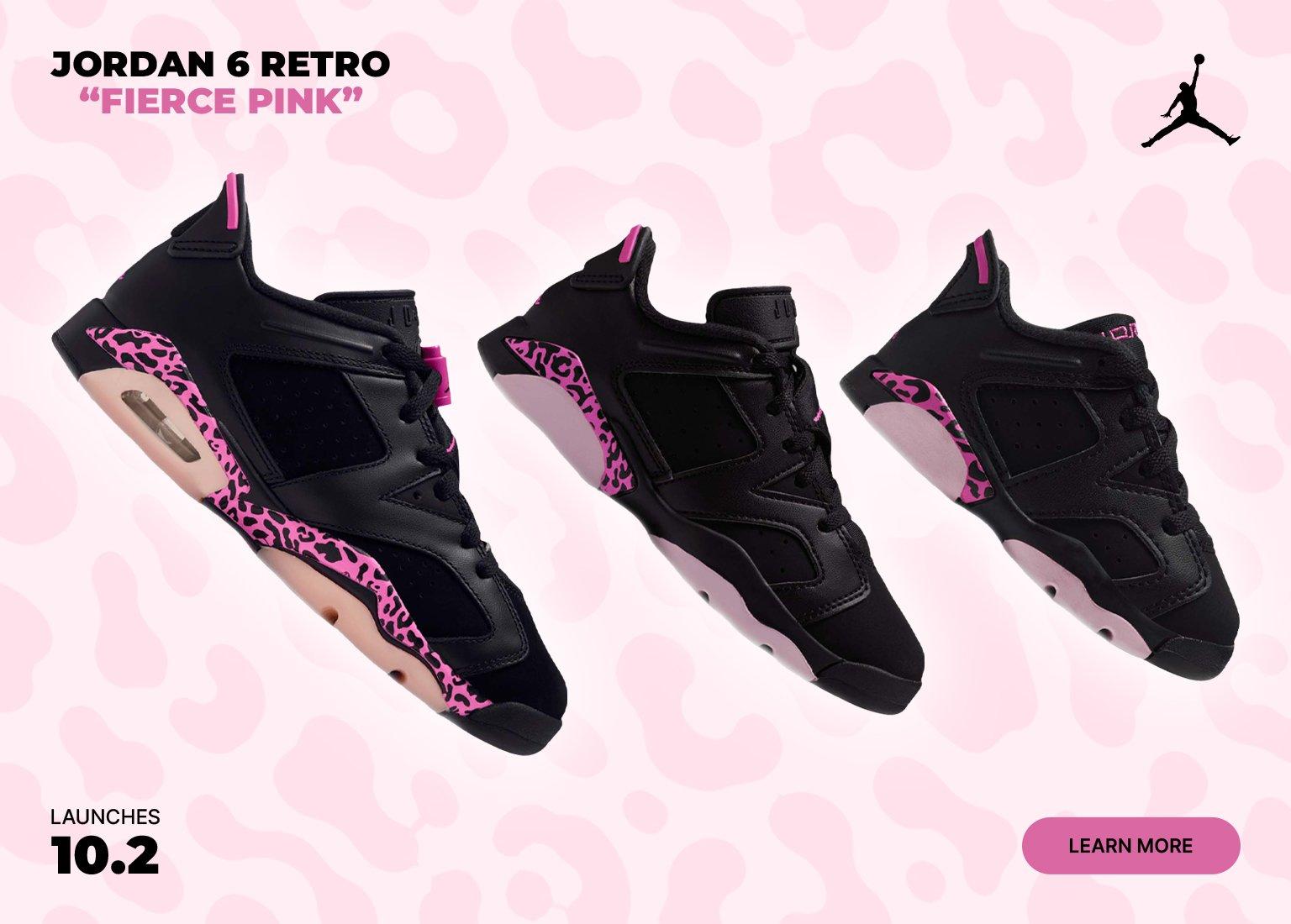 Jordan 6 Retro "Fierce Pink" kids sneakers in black with pink leopard-print accents and launch date.