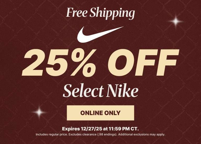 A promotional banner for Nike offering 25% OFF Select Nike items and Free Shipping. It features the white Nike swoosh logo on a dark red patterned background and indicates the offer is ONLINE ONLY and expires on 12/27/25 at 11:59 PM CT.