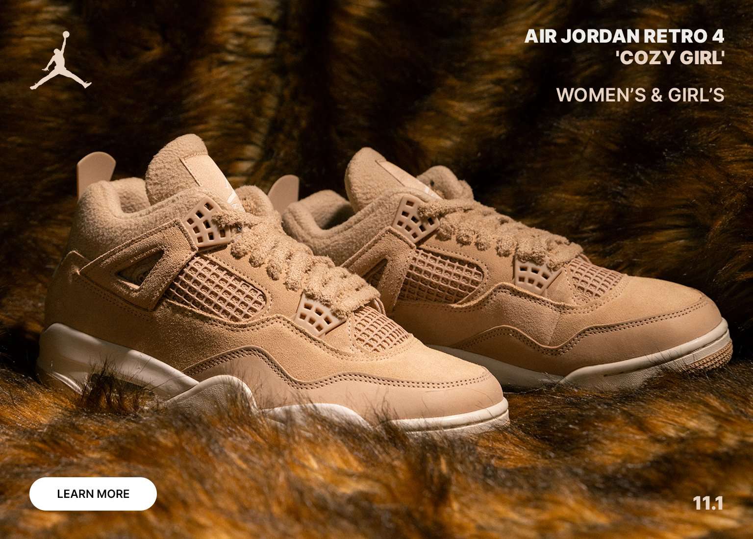 Tan Air Jordan 4 Retro 'Cozy Girl' sneakers on a dark faux fur background, with text 'WOMEN'S & GIRL'S'.