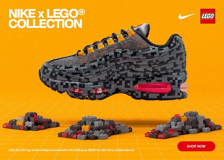 Nike x LEGO Collection Air Max 95 sneaker featuring a pixelated camo-inspired design displayed against a bright orange background with LEGO brick elements. Includes Nike and LEGO logos and a Shop Now button.