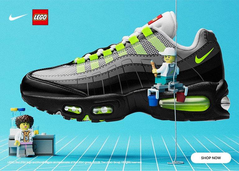 Nike Air Max 95 x LEGO sneaker with neon green accents, showcased alongside LEGO minifigures on a bright blue grid background.