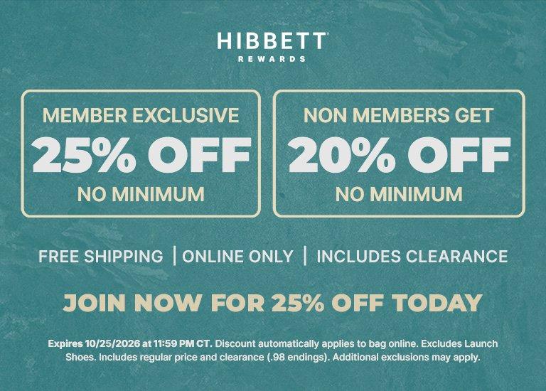 Hibbett Rewards promotion offering 25% off for members or 20% off for non-members, no minimum purchase, free shipping online, including clearance.