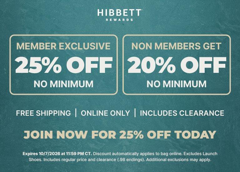 Hibbett Rewards promotion offering 25% off for members and 20% off for non-members with free shipping online.