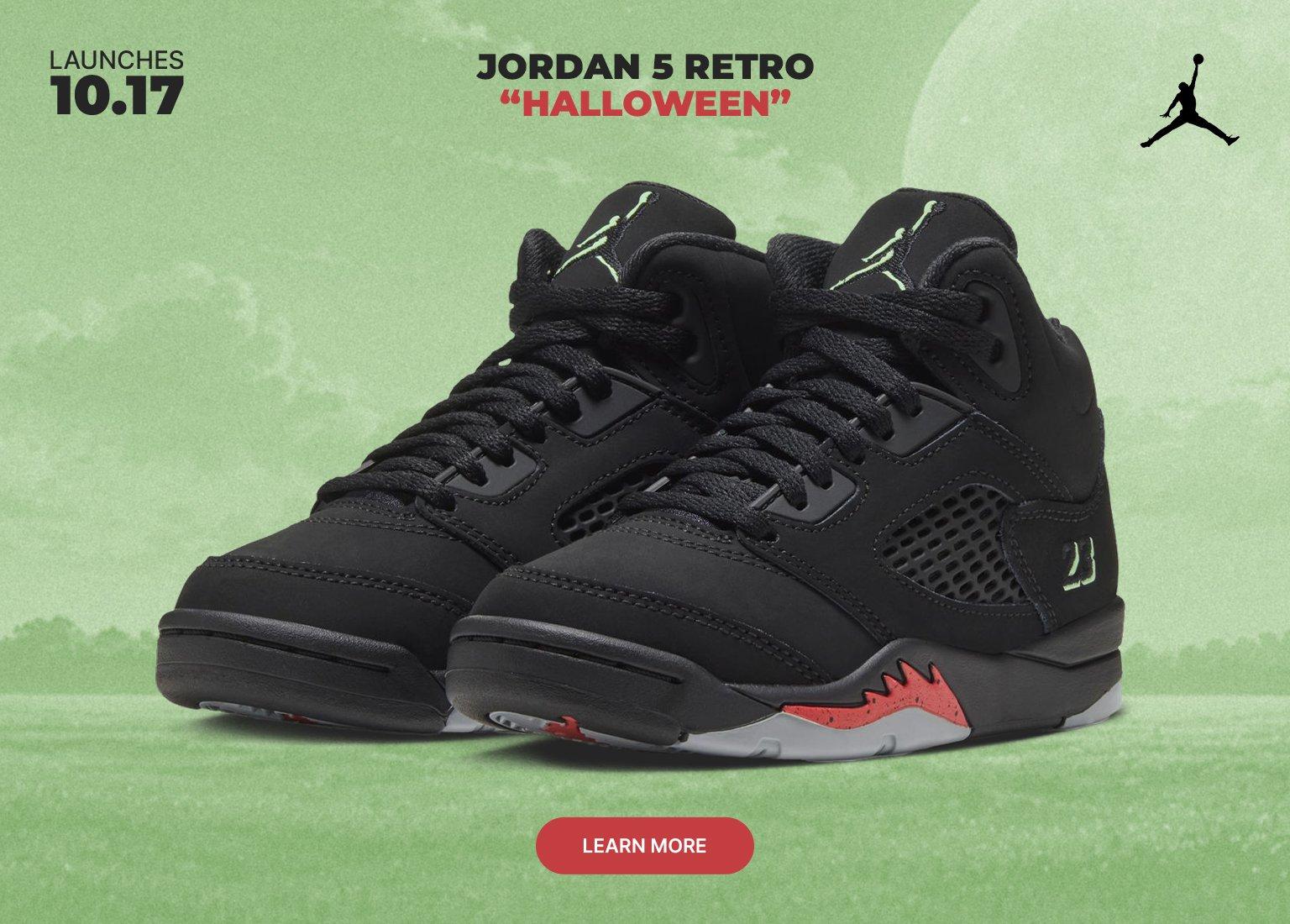Jordan 5 Retro Halloween sneakers on a green moonlit background with launch date and Learn More button.