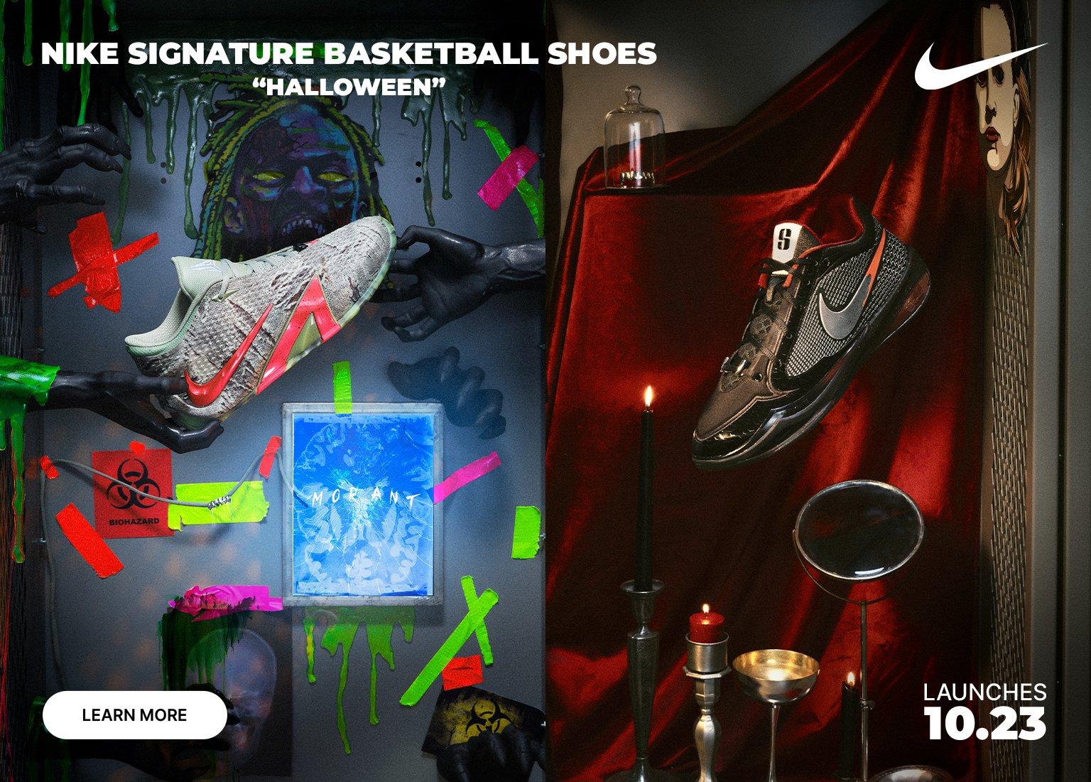 Nike Signature Basketball Shoes Halloween pack displayed in a spooky scene with slime, candles, and horror-inspired decor.