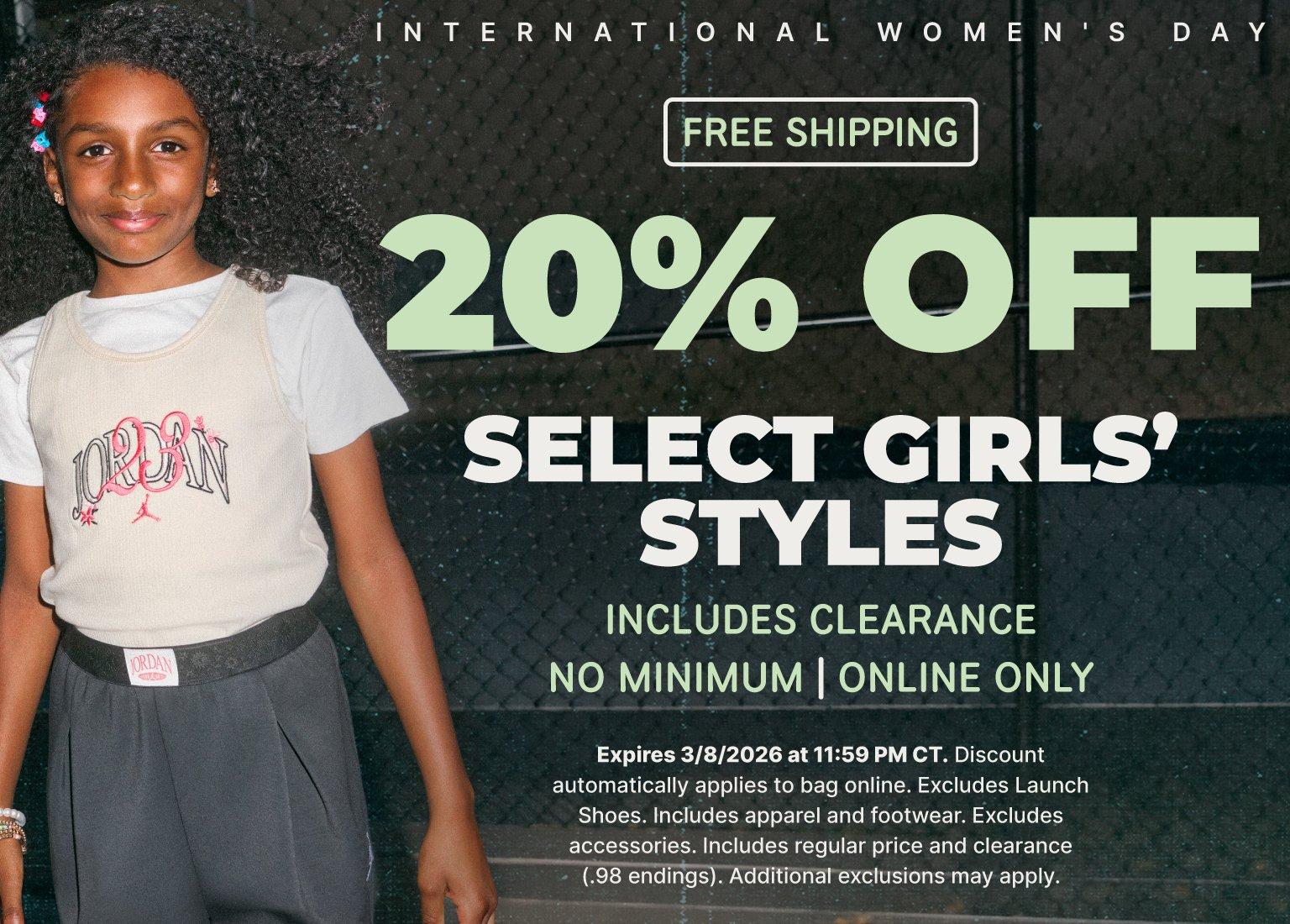An International Women’s Day promotional graphic featuring a young girl in Jordan brand apparel. Large sage-green text reads "20% OFF SELECT GIRLS’ STYLES." The ad includes "FREE SHIPPING" and notes the discount applies to clearance with no minimum purchase, valid online only through March 8, 2026.