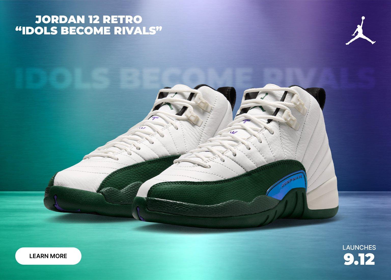 Jordan 12 Retro "Idols Become Rivals" sneaker graphic featuring side views of white and green basketball shoes on a teal and purple background.