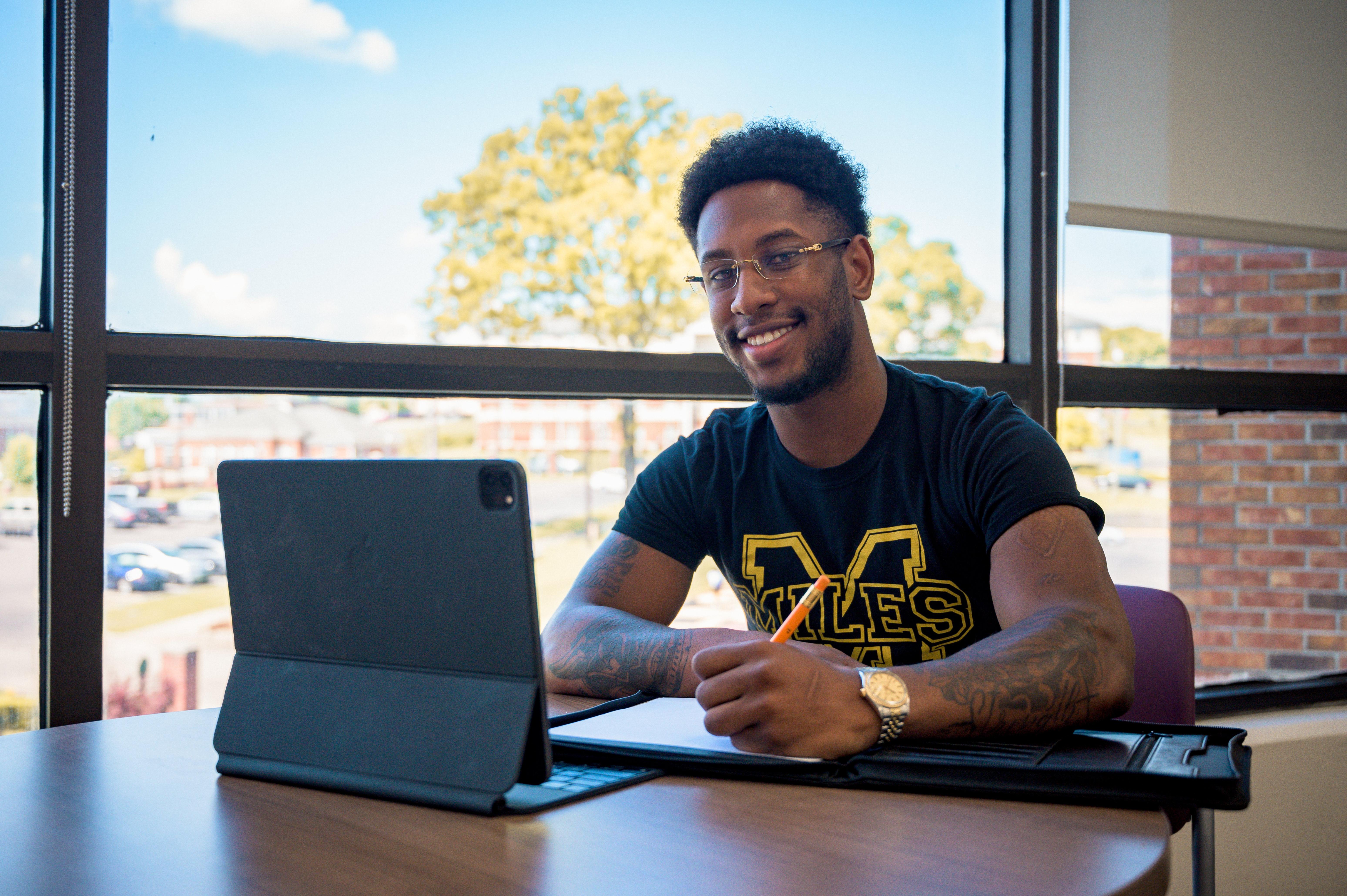 Communications major Jeremy Turner on campus at HBCU, Miles College.