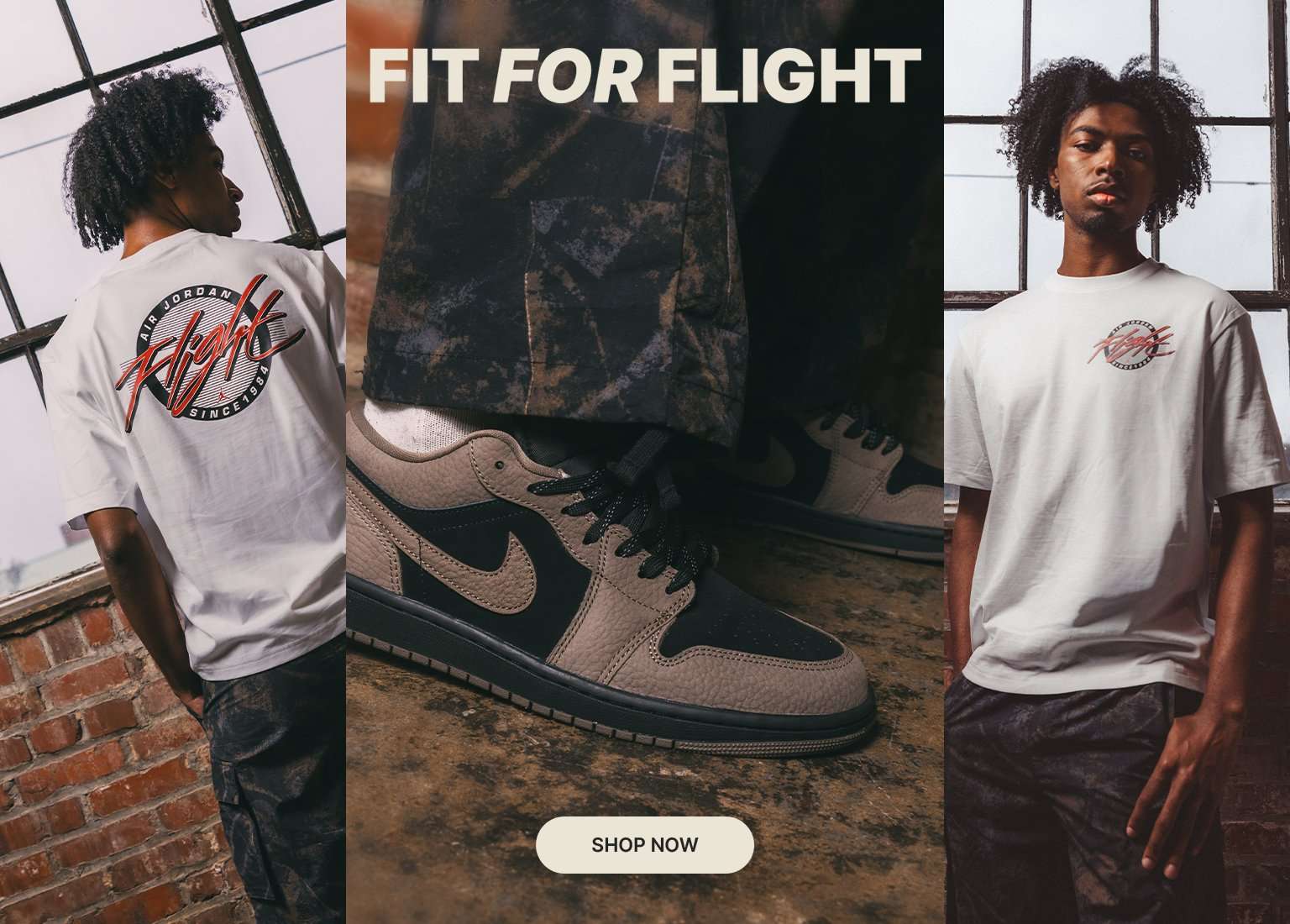 This three-panel promotional banner for the Jordan Fit For Flight collection features a model in an industrial, red-brick setting. The outer panels showcase a white T-shirt with the Air Jordan Flight logo on both the chest and back, while the central focus is a close-up of a low-top Air Jordan 1 sneaker in a textured brown and black colorway. Bold text reading FIT FOR FLIGHT and a 