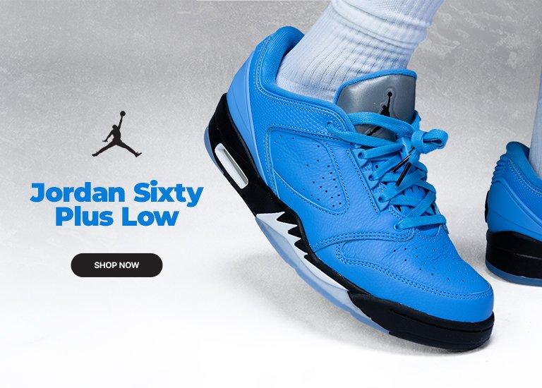 Jordan Sixty Plus Low kids’ sneakers in a bright blue colorway are featured in a close-up product shot against a textured gray background. The graphic includes Jordan branding, the product name “Jordan Sixty Plus Low,” and a Shop Now call-to-action.