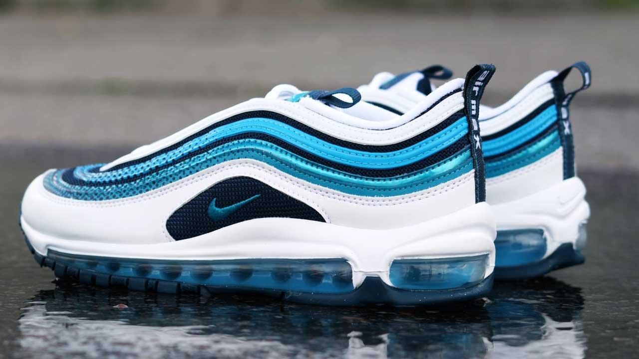 white and teal air max 97