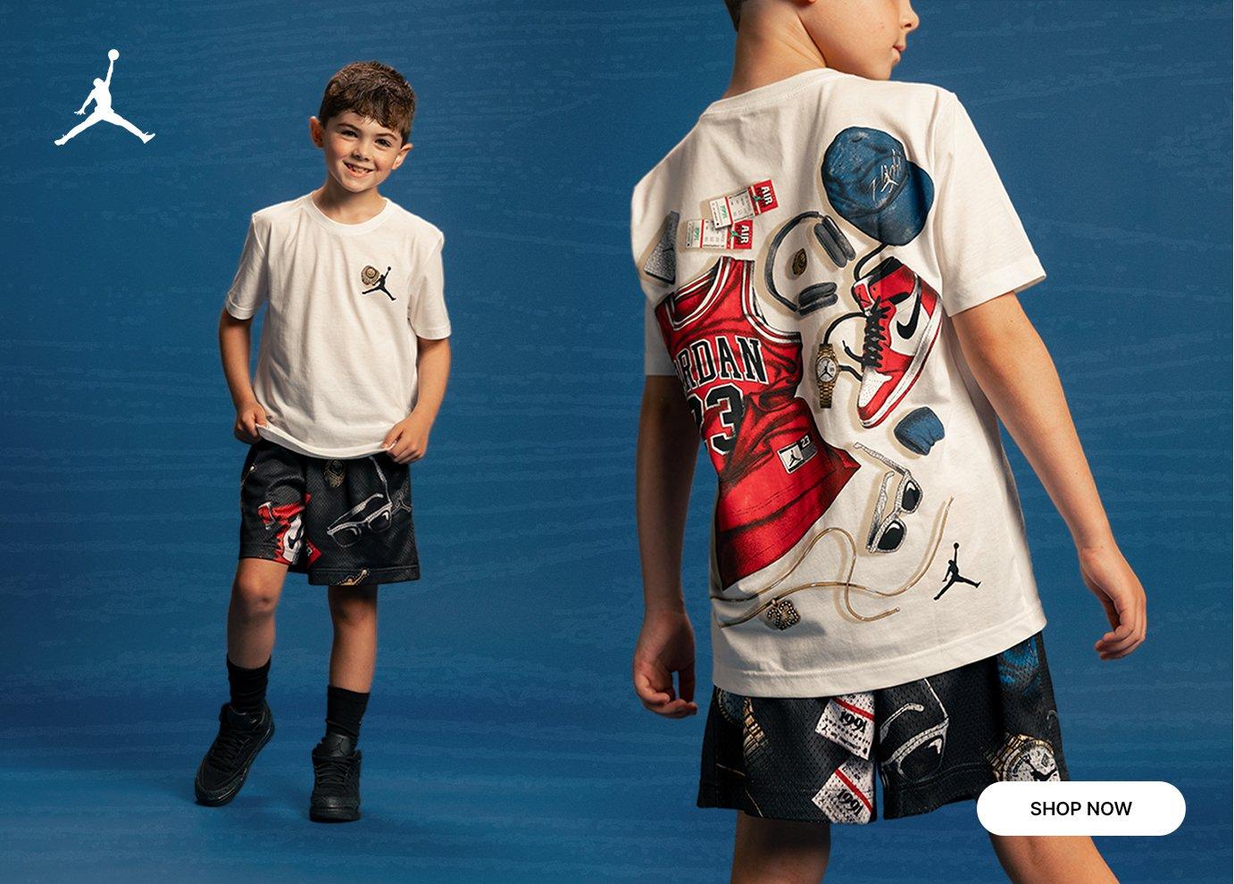 Kids' Jordan graphic tee and matching shorts with basketball-inspired artwork.