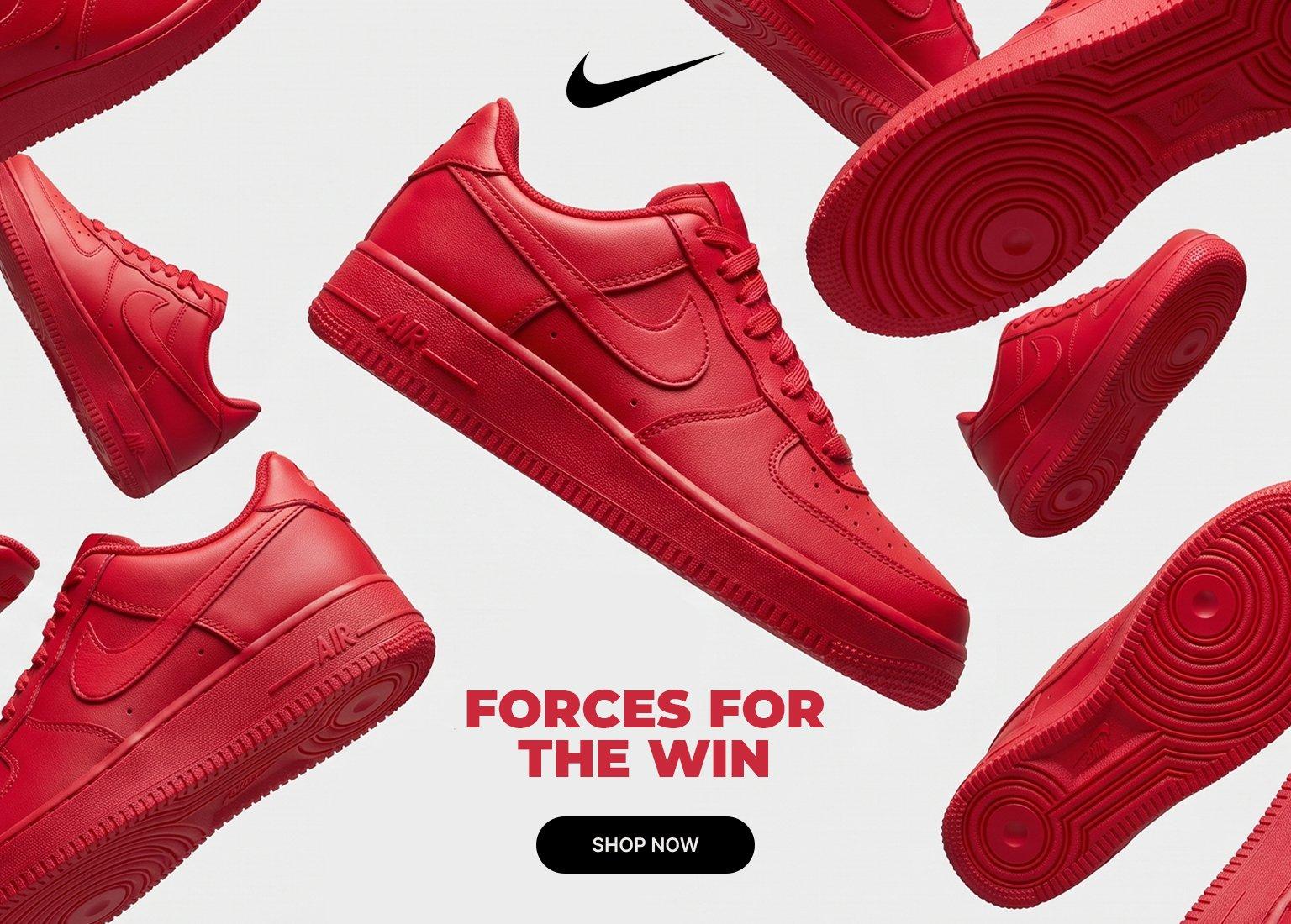Promotional mobile banner featuring multiple all-red Nike Air Force 1 sneakers floating against a light gray background. Bold red text reads "Forces for the Win" above a black "Shop Now" button, with a black Nike Swoosh logo at the top.