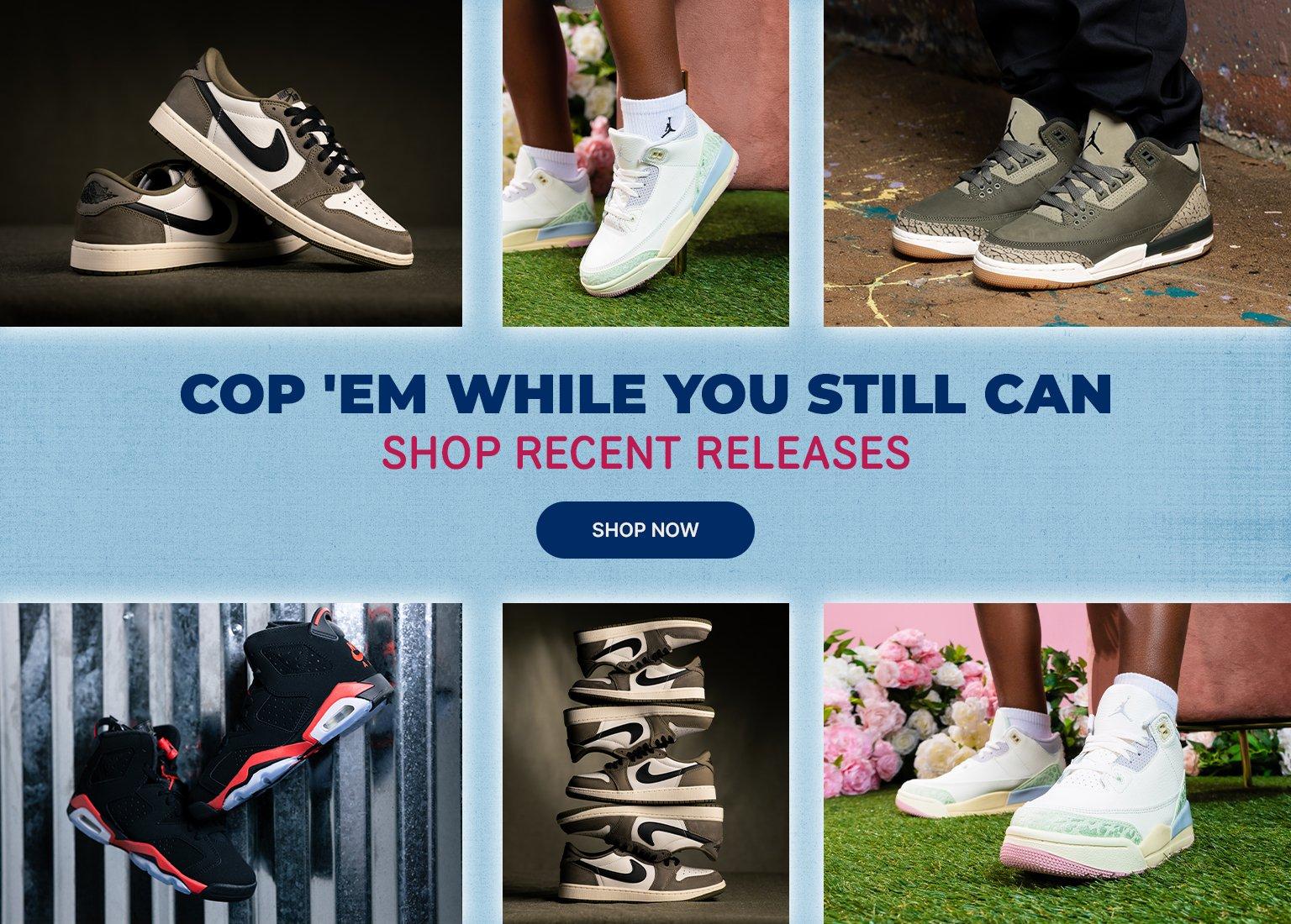 Mobile promotional banner with a light blue background and a grid of six images featuring various kids' Jordan sneakers. Center text reads "COP 'EM WHILE YOU STILL CAN" in dark blue and "SHOP RECENT RELEASES" in pink, above a dark blue "SHOP NOW" button. Featured sneakers include: