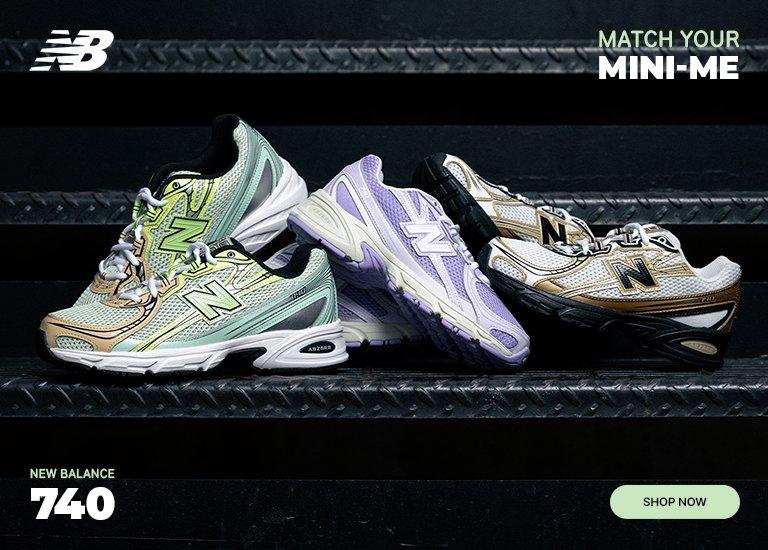 A marketing banner for the New Balance 740 features three pairs of sneakers in lime green, lavender, and white/gold colorways displayed on dark metal stairs. The text reads "Match Your Mini-Me" and "New Balance 740," with a "Shop Now" button in the corner.
