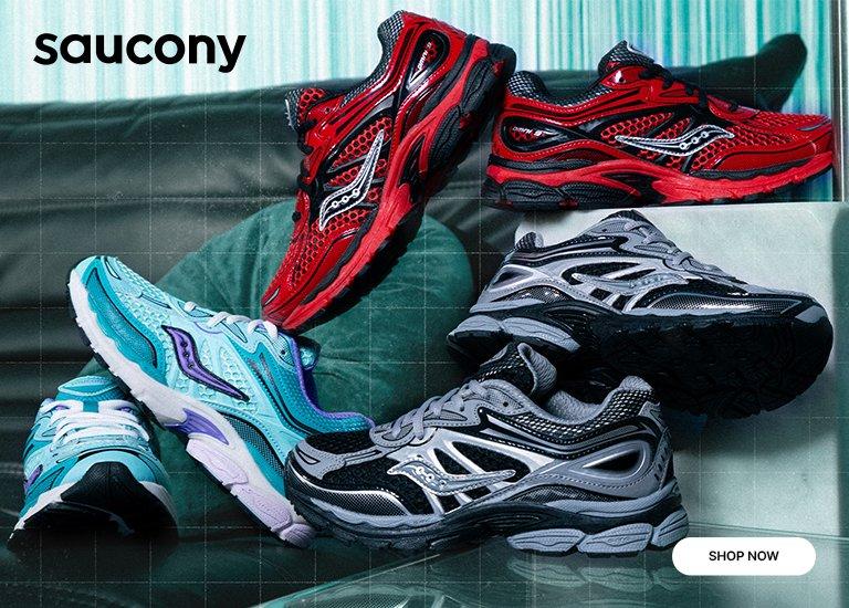 Saucony Omni 9 kids’ sneakers in turquoise, red, and silver colorways displayed in a stylized product showcase. Graphic features the Saucony logo and a Shop Now button against a light blue background.