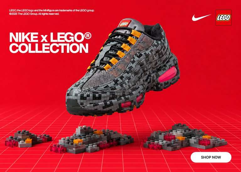 Nike Air Max 95 x LEGO Collection sneaker in pixel camo design floating above LEGO brick-inspired platforms on a bright red background, promoting the collaboration collection.