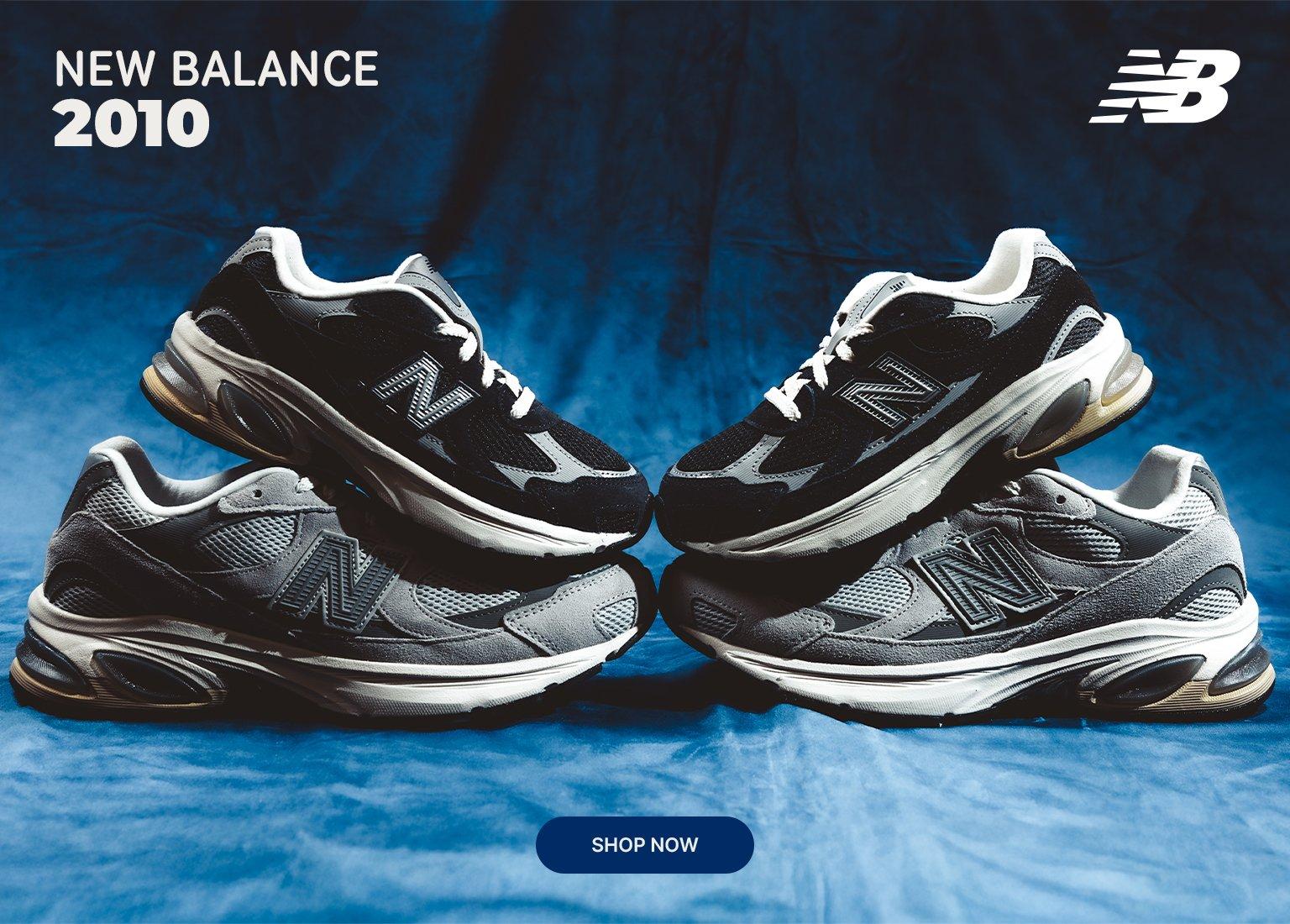 Graphic for New Balance 2010 shoes. The image features four sneakers—two grey and two black—stacked against a blue textured backdrop. A New Balance logo is in the top right, and a Shop Now button is at the bottom.