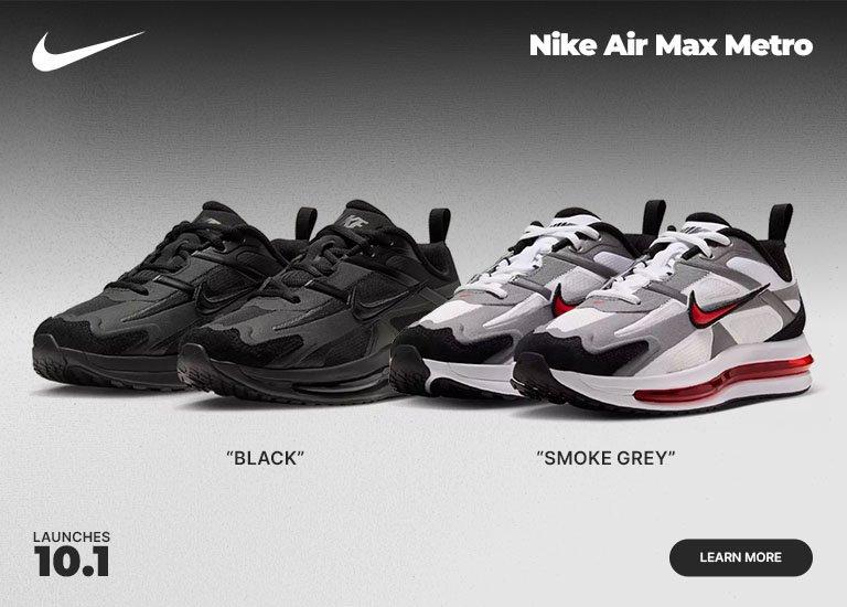 Nike Air Max Metro kids sneakers in Black and Smoke Grey colorways with launch date and Learn More CTA.