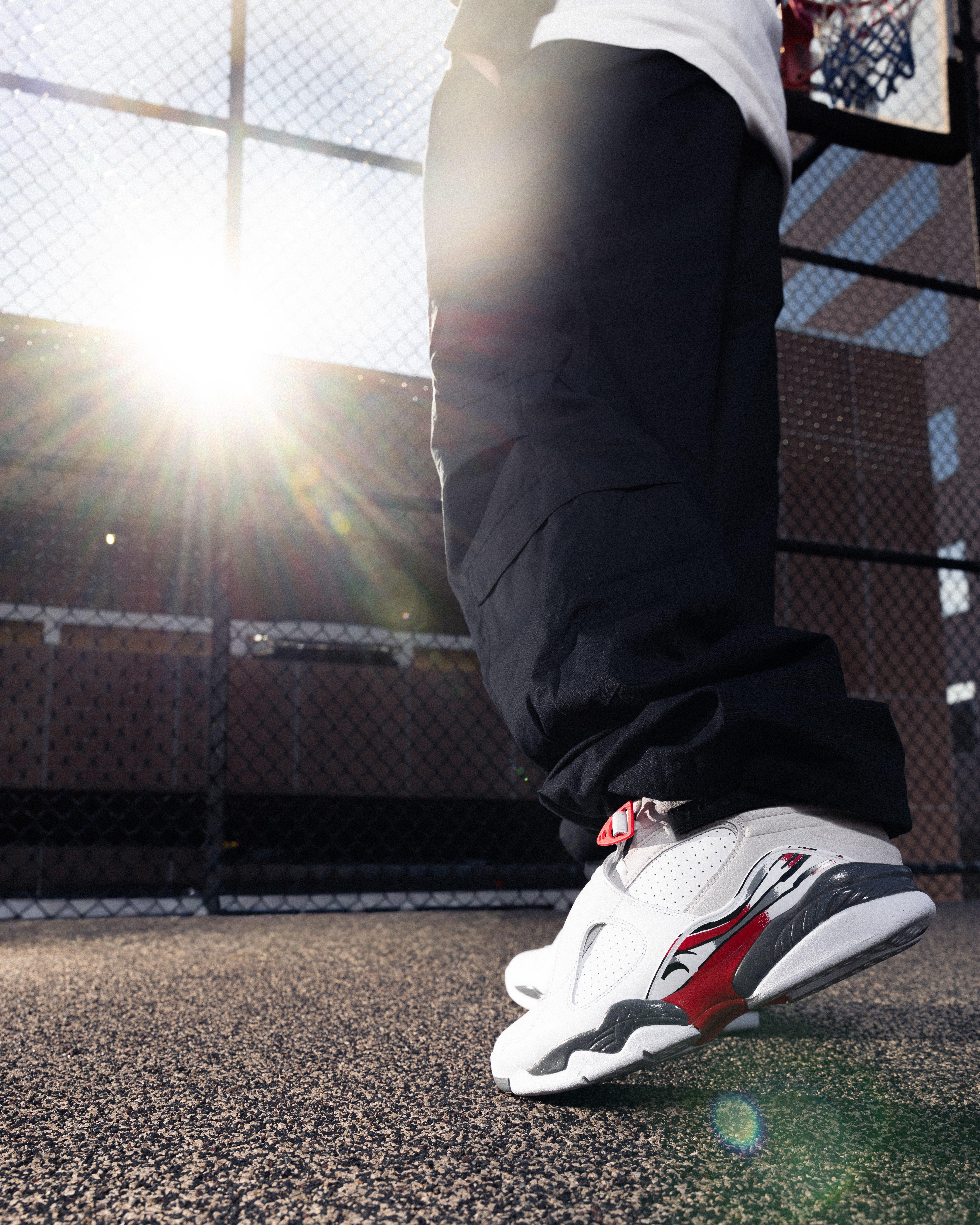 Heel detail of Jordan 8 Retro "White and True Red"