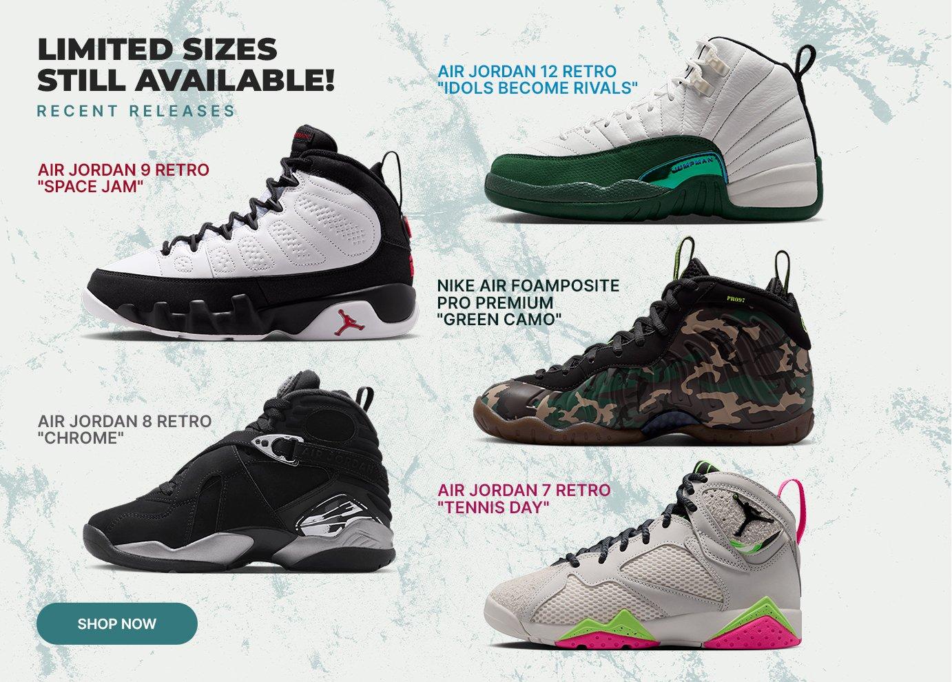 Recent sneaker releases including Air Jordan Retro and Nike Air Foamposite styles.