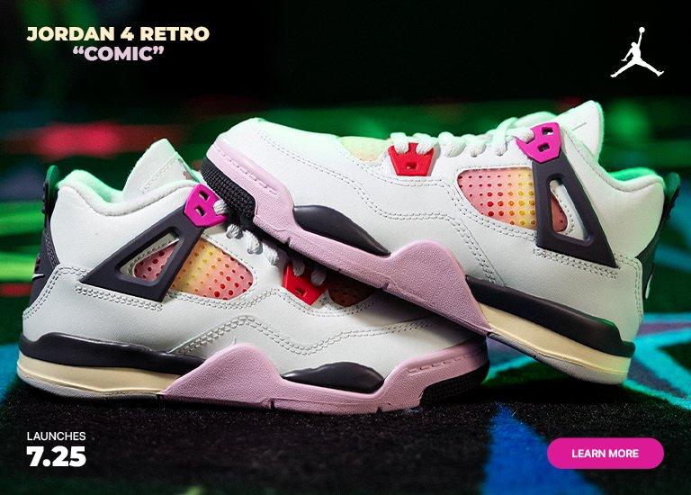 Jordan 4 Retro Comic sneakers in white with black, pink, and neon graphic accents displayed on a colorful comic-inspired background, launching 7.25 for men’s and kids’ sizes.
