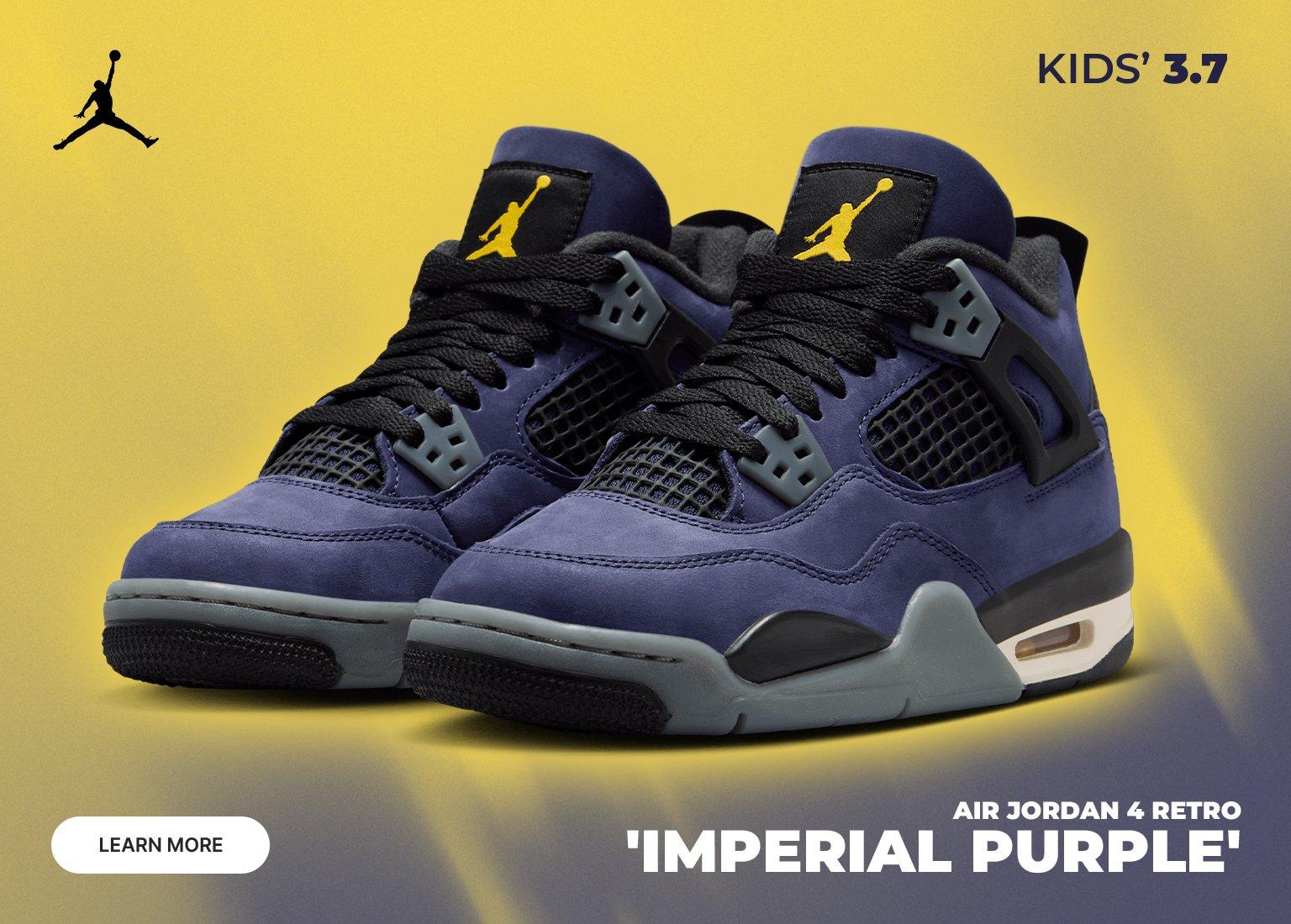 An advertisement for the Air Jordan 4 Retro 'Imperial Purple' kids' sneakers. The image features a pair of deep purple nubuck sneakers with black laces, grey accents, and a yellow Jumpman logo on the tongue. They are set against a gradient yellow and grey background with a "Learn More" button and the release date 3.7.